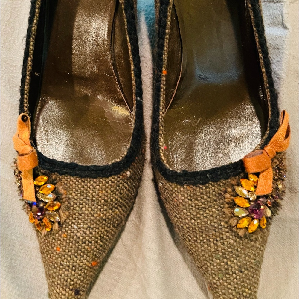 Prada, tweed low heels, good condition. Heel detail. Jeweled flower appliqué.